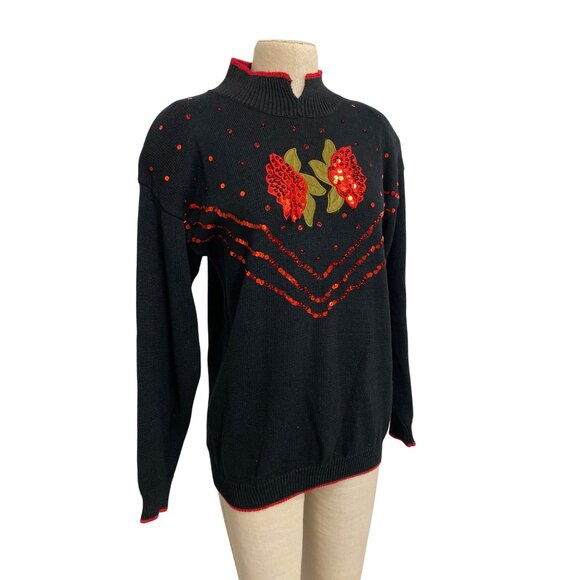 Vintage Images By Duet Black Sweater With Red Floral Sequin Embellishments M - Picture 2 of 12